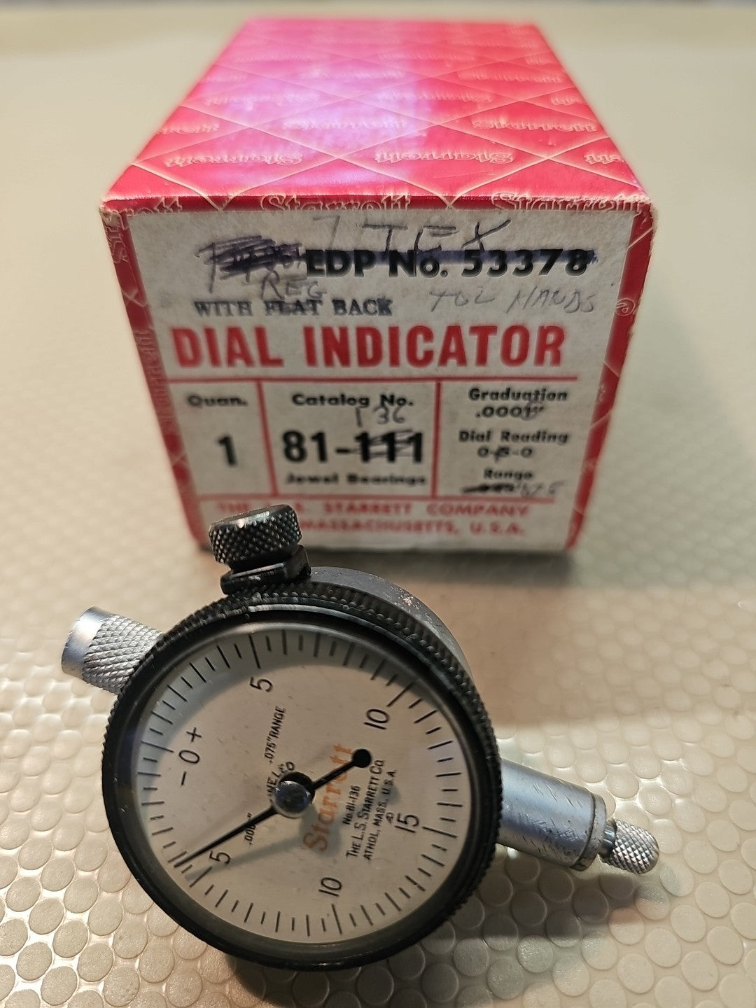 Starrett No. 81-136 Dial Indicator, 0-.075" Range, .0005" Graduation