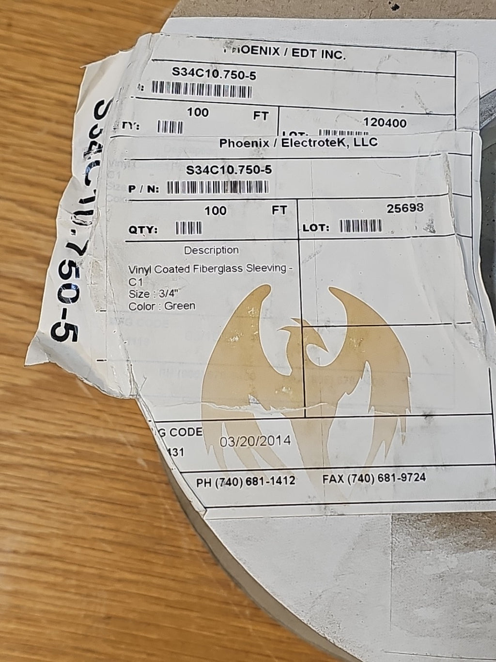 Phoenix Electrotek Vinyl Coated Fiberglass Sleeving- C1  3/4" S34C10.750-5