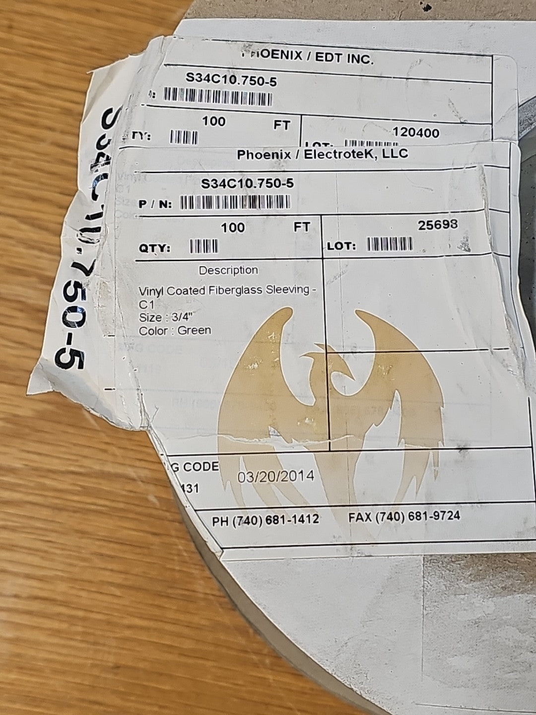 Phoenix Electrotek Vinyl Coated Fiberglass Sleeving- C1  3/4" S34C10.750-5