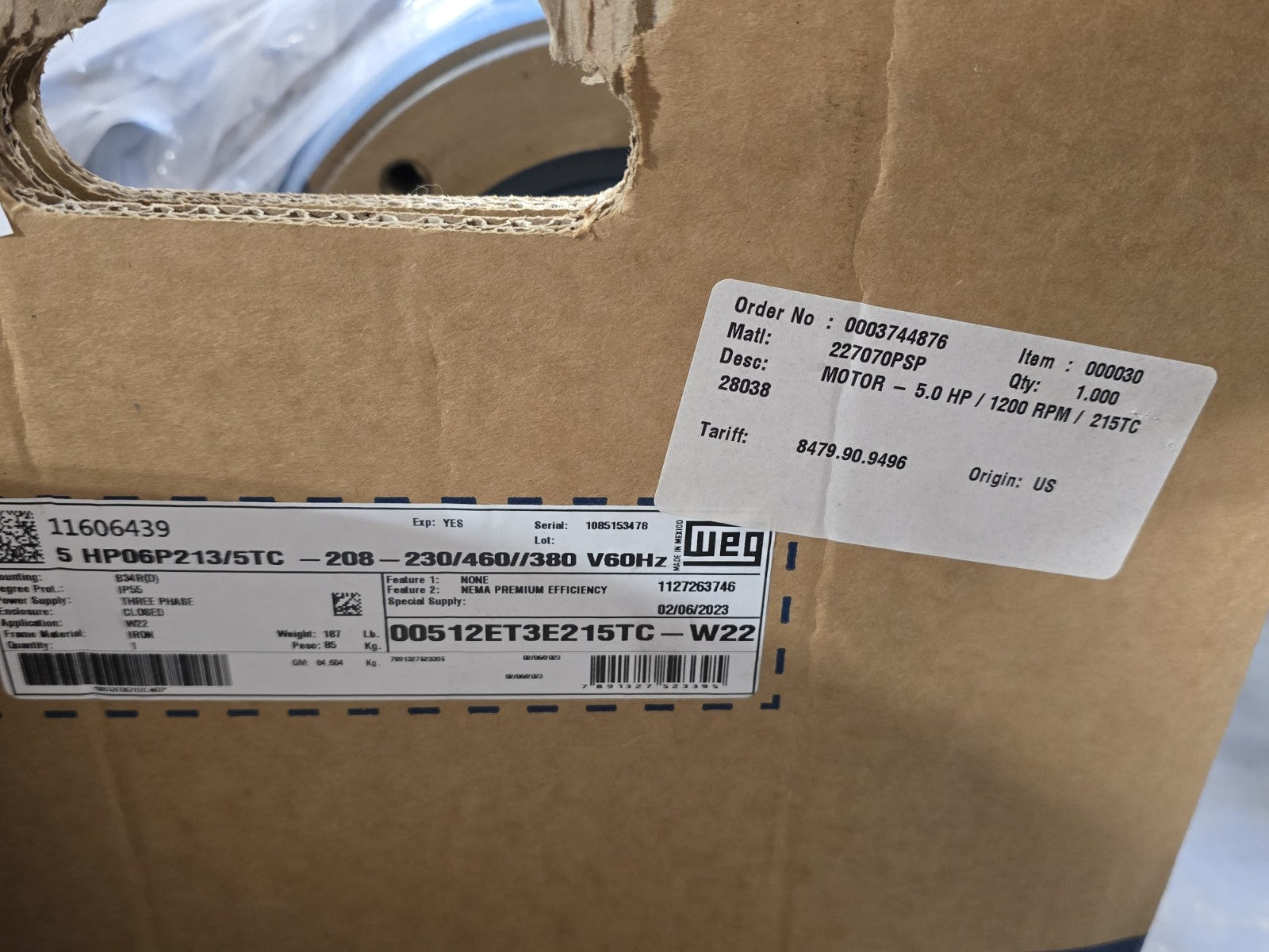 NEW WEG 00512ET3E215TC-W22 Electric Motor 5 HP 3-Phase 215TC 208-230/460V
