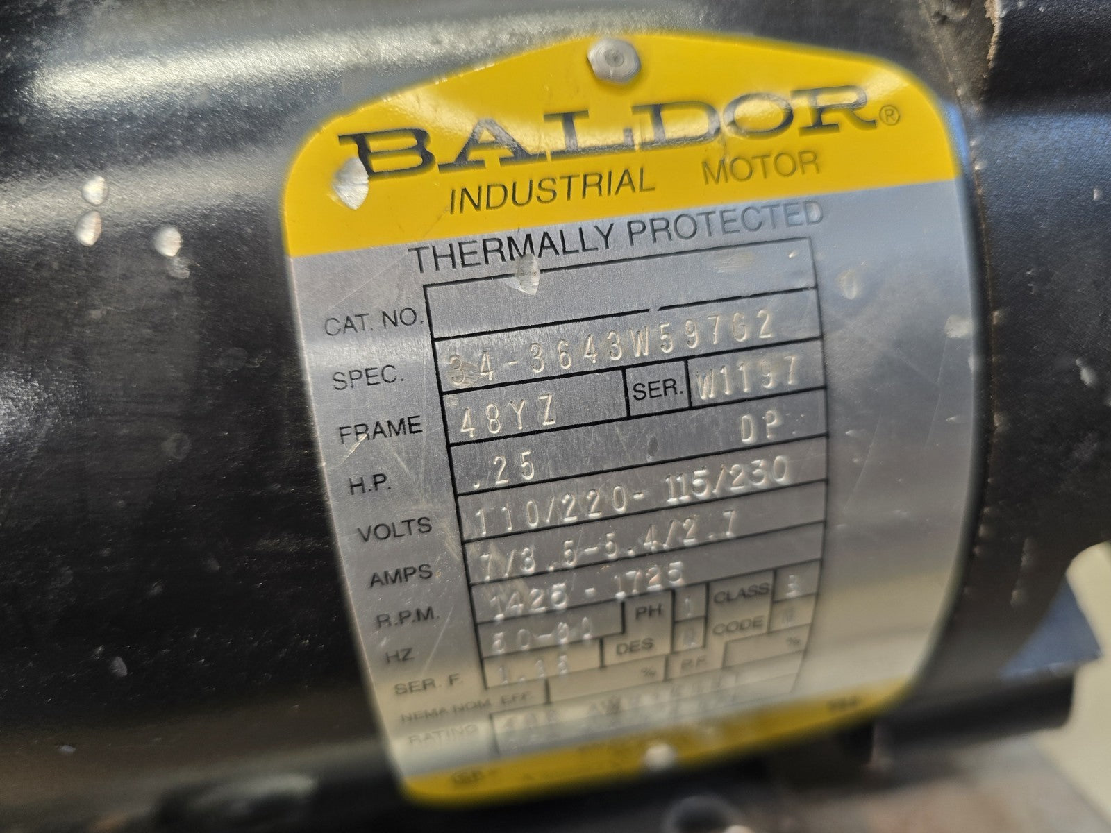 Baldor Industrial Motor 0.25 HP 1725 RPM 115/230V 1PH - Frame 48YZ - 34-3643W597