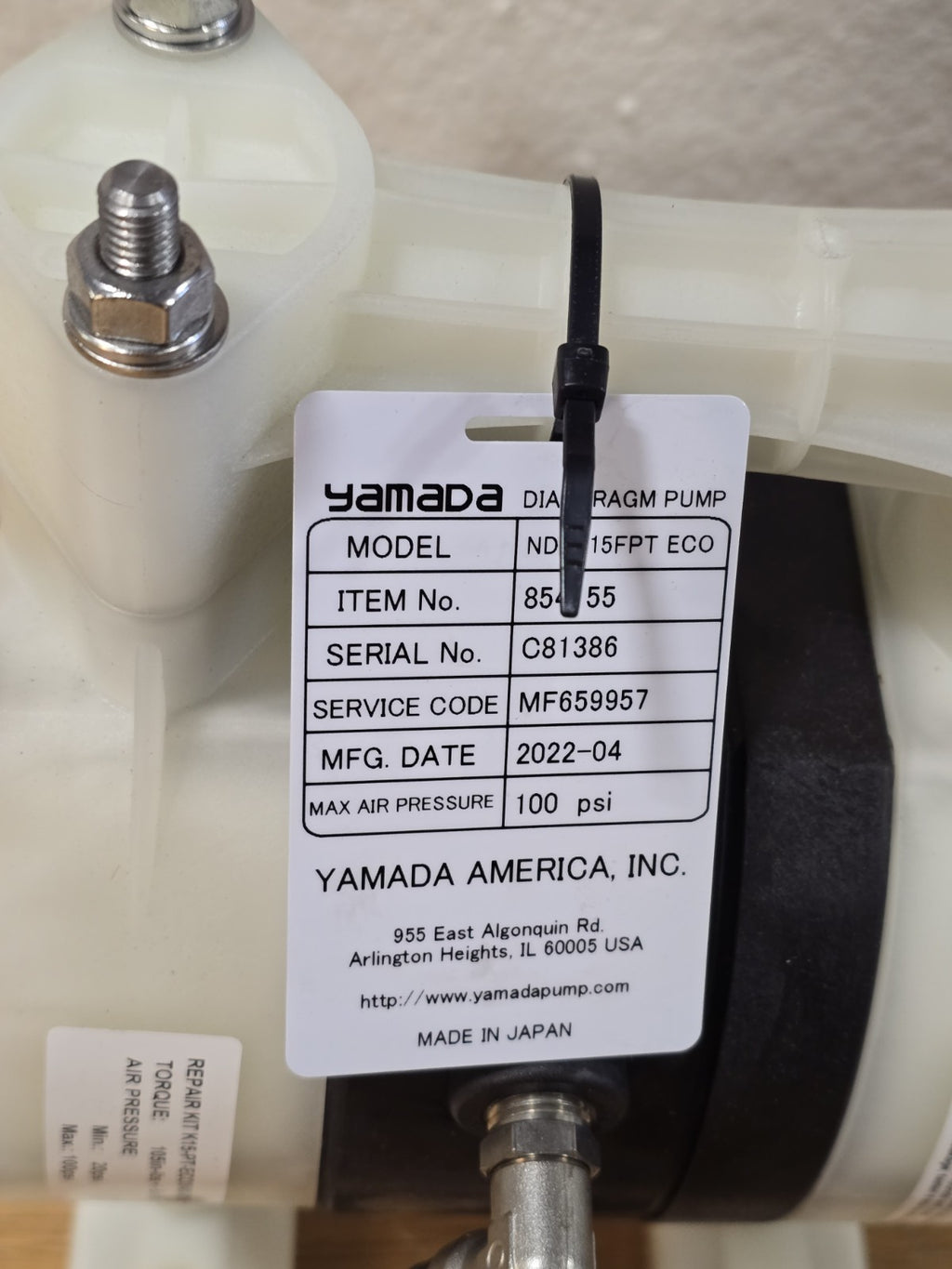NEW YAMADA PUMP NDP-15FPT ECO/854207 100psi DIAPRAGM PUMP