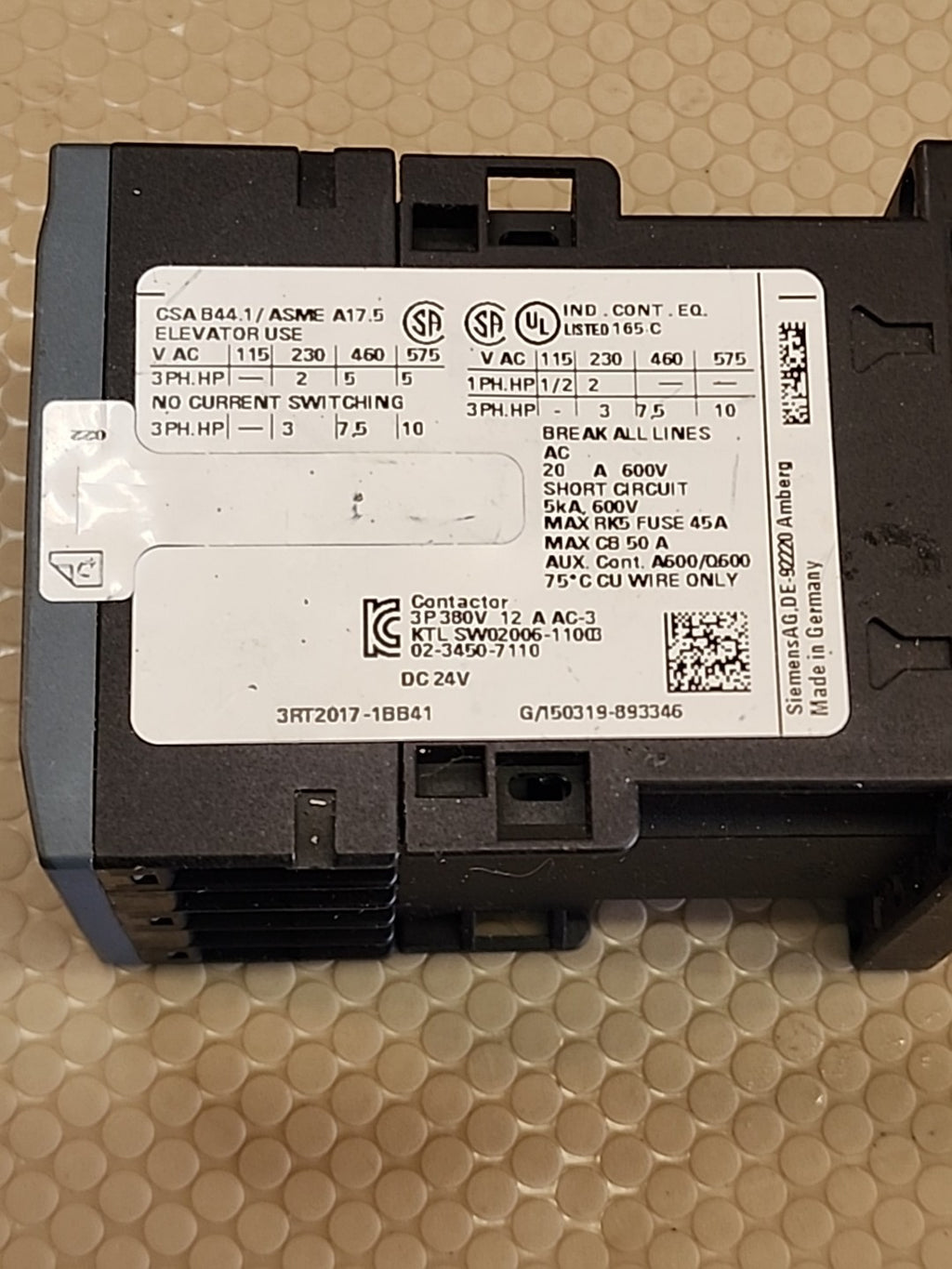 Siemens 3RT2017-1BB41 3-Pole Power Contactor