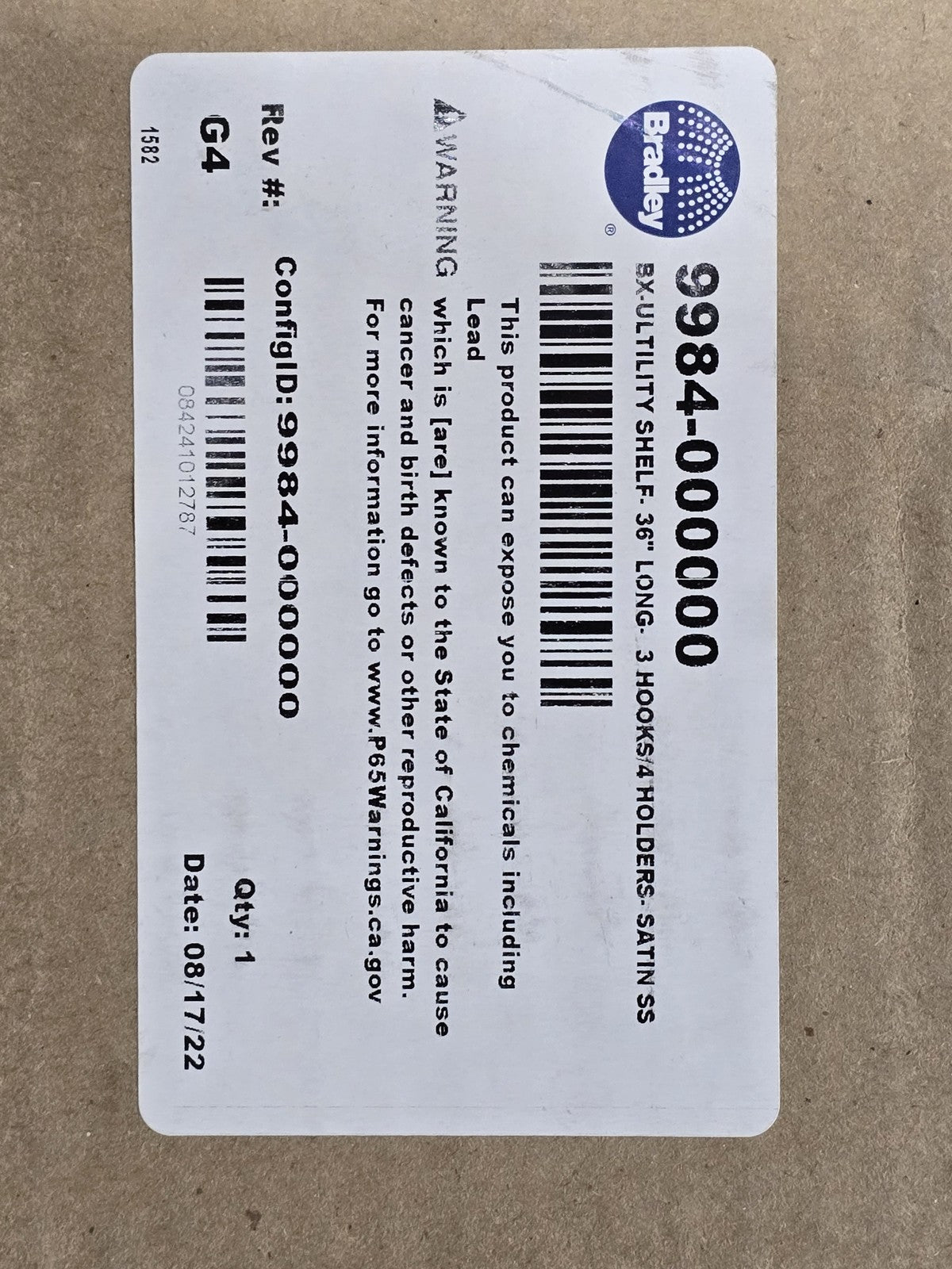 Bradley 9984-000000 Utility Shelf 36" Mop Broom Holder Satin SS New