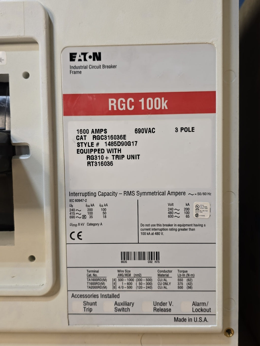 Eaton RGC316036E SER C Molded Case Circuit Breaker 100K - 1600 Amp 3 Pole *NEW*
