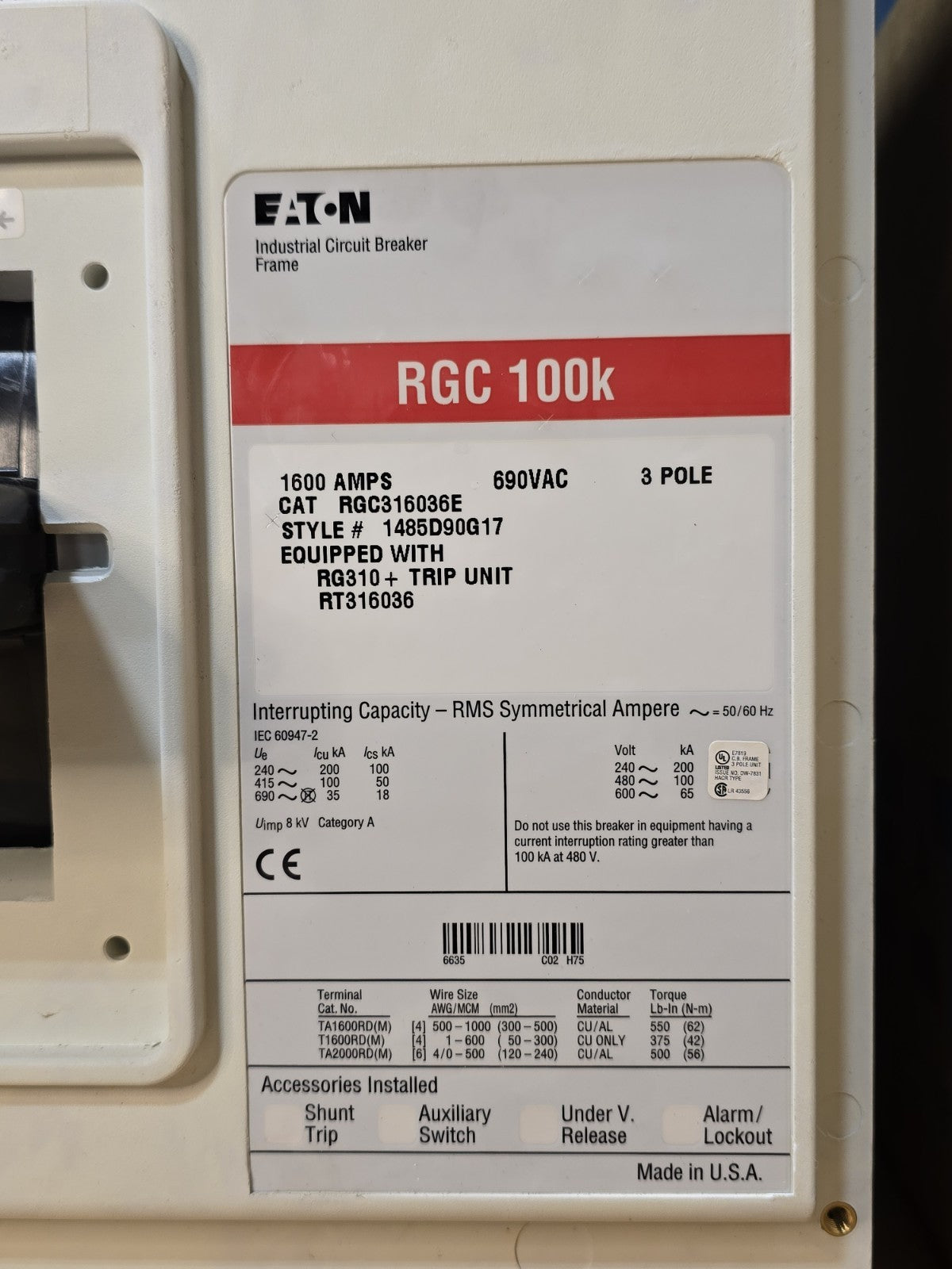 Eaton RGC316036E SER C Molded Case Circuit Breaker 100K - 1600 Amp 3 Pole *NEW*