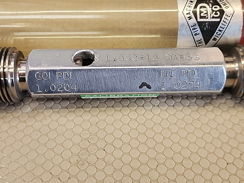 THE PIPE MACHINERY CO THREAD PLUG GAGE 1.062-12 NA-3G GO PD 1.0204 HI PD 1.0274