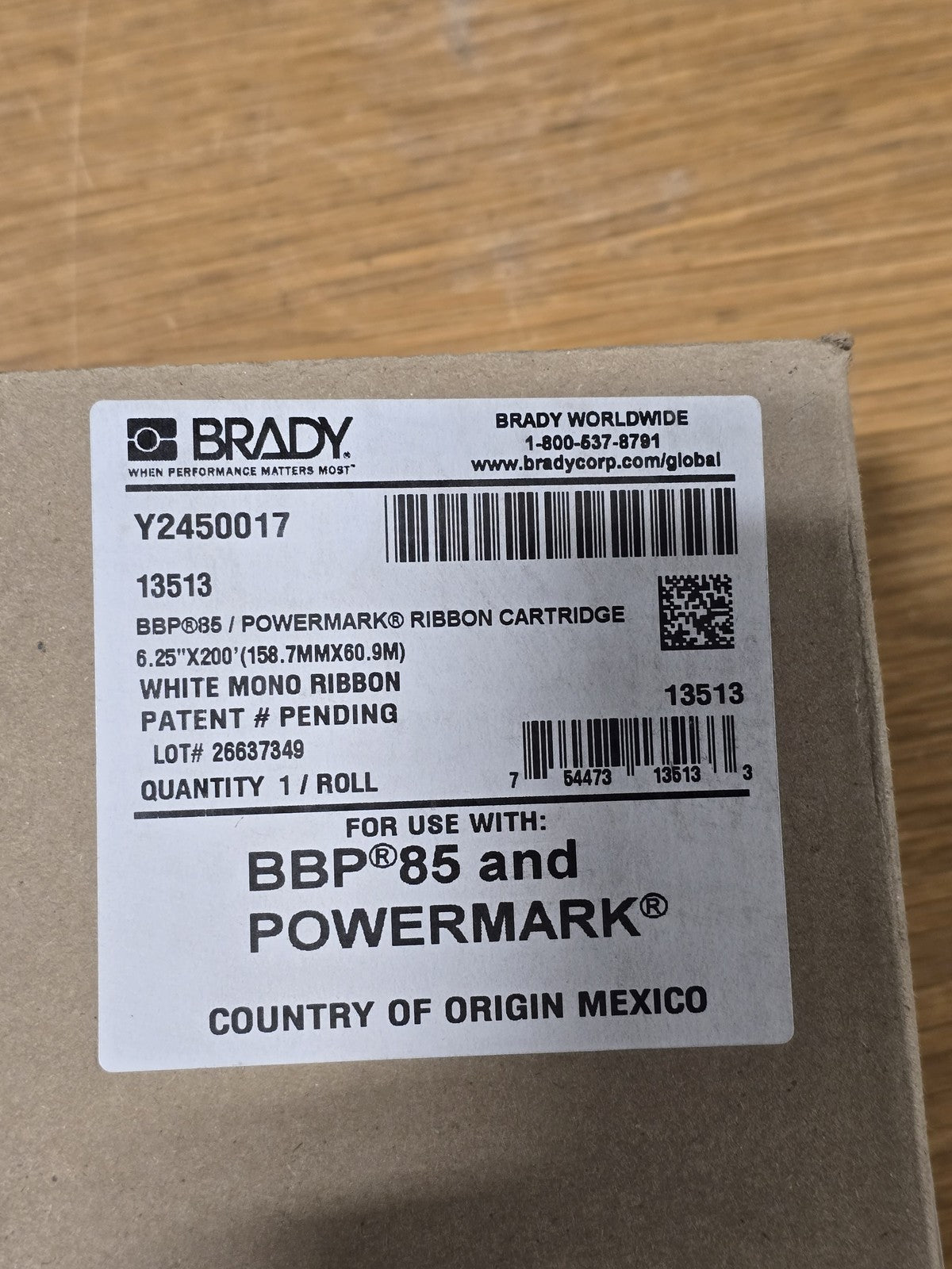 Brady 13513 BBP85 PowerMark White Mono Ribbon Cartridge 6.25" x 200'