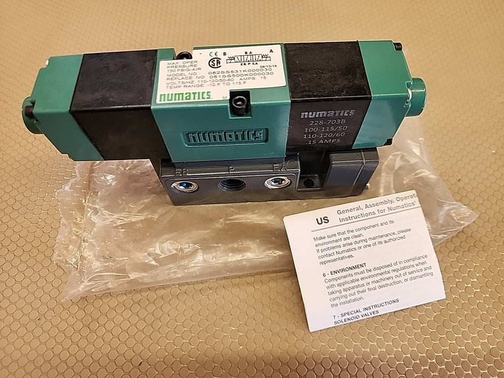 Numatic 082SS531K000030 Solenoid Valve W/ Manifold 1/4 Input 120 Vac 