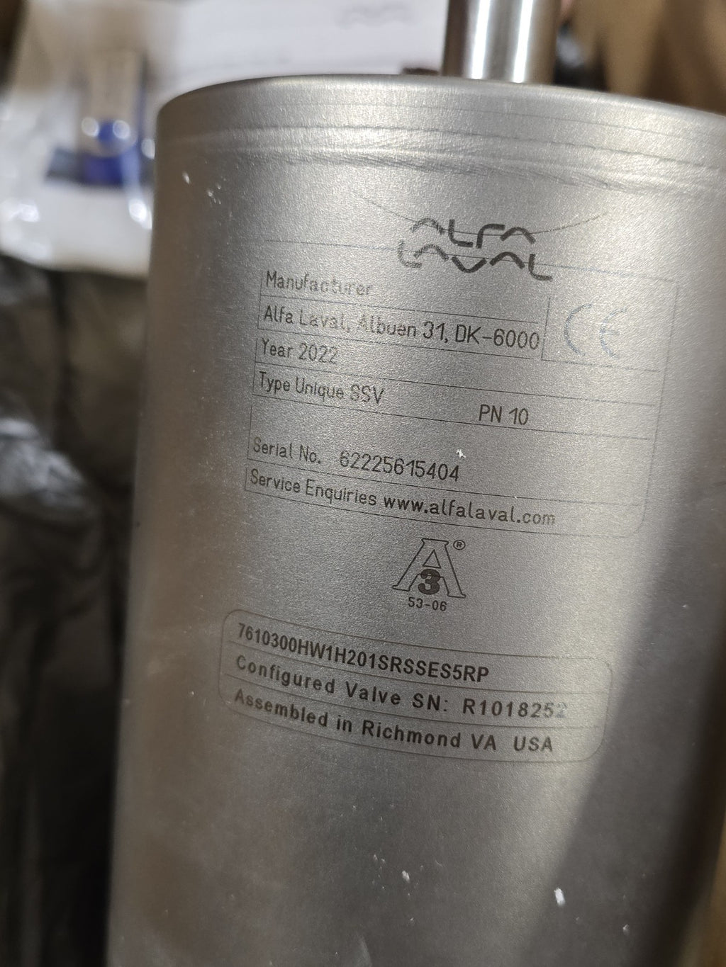 NEW Alfa Laval Unique SSV Sanitary Valve 7610300 Series w/ PN10 Actuator