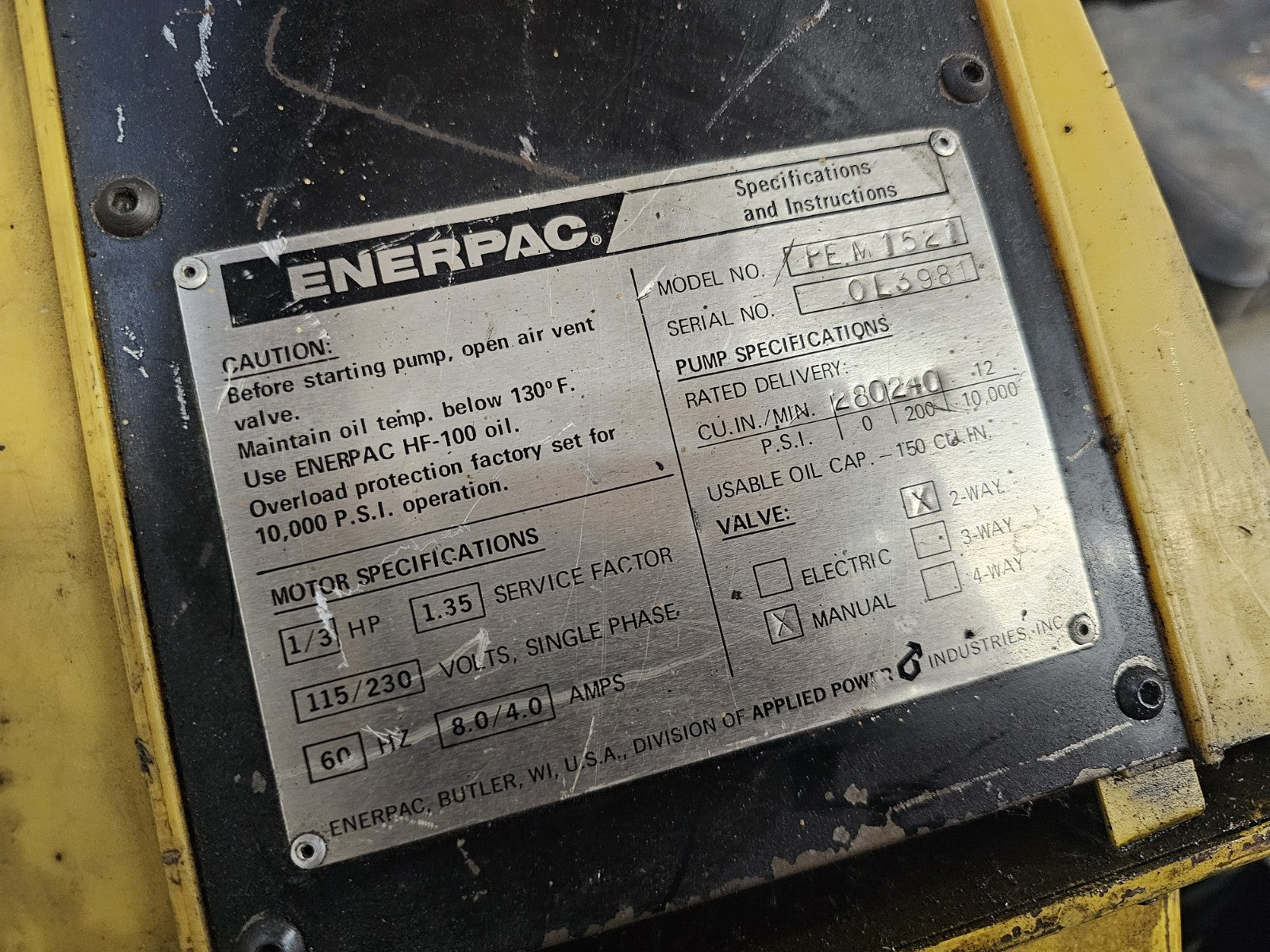 Enerpac Hydraulic Pump Pipe Bender Model  PEM1521 *Tested & Works*