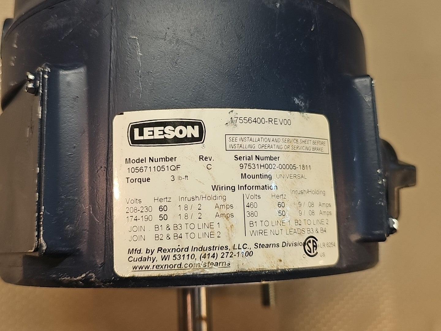 3FT-LB LEESON 56C NEMA2 IP23 COUPLER 208-230/460VAC BRAKE 175564.00