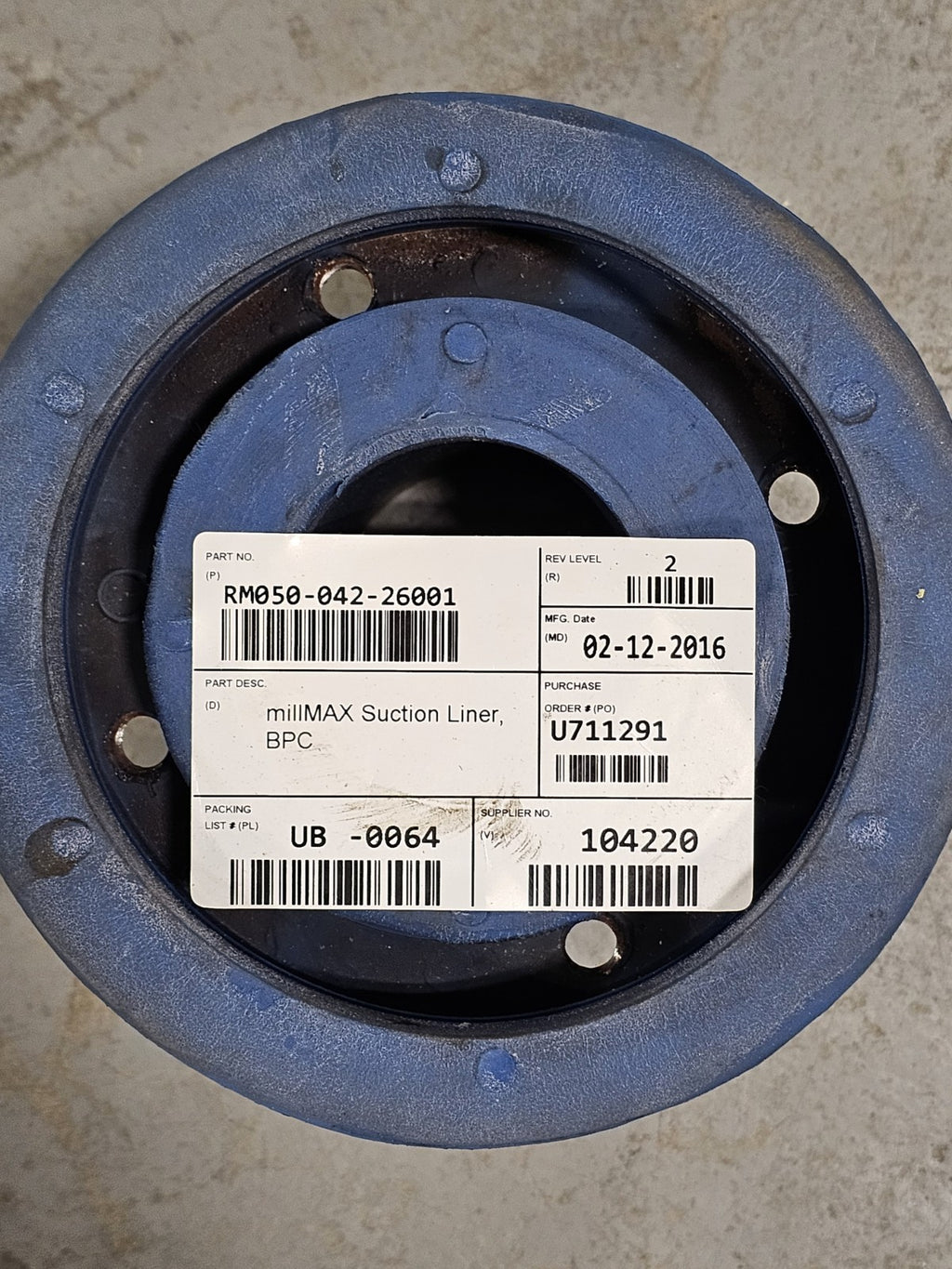 Mining Element millMAX RM050-042-26001 Suction Liner BPC UB-0064 Rev 2