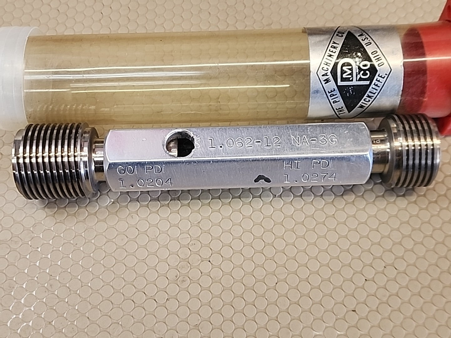 THE PIPE MACHINERY CO THREAD PLUG GAGE 1.062-12 NA-3G GO PD 1.0204 HI PD 1.0274