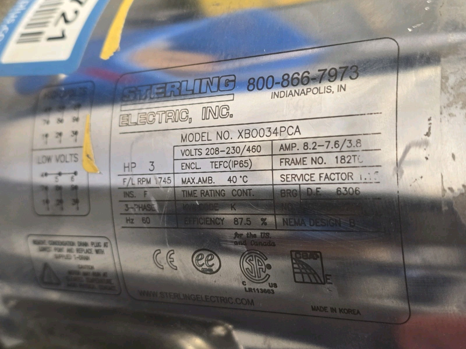 Sterling Electric 3HP 1745RPM Stainless Steel Motor XBOO34PCA 182TC  *LIGHT USE*