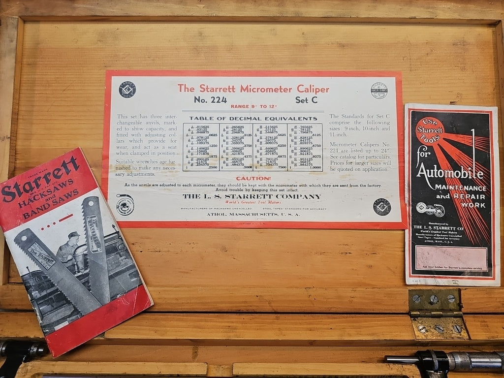 Starrett No. 224 Micrometer Set C 9" to 12" *MINTY* + Cool Vintage Papers!