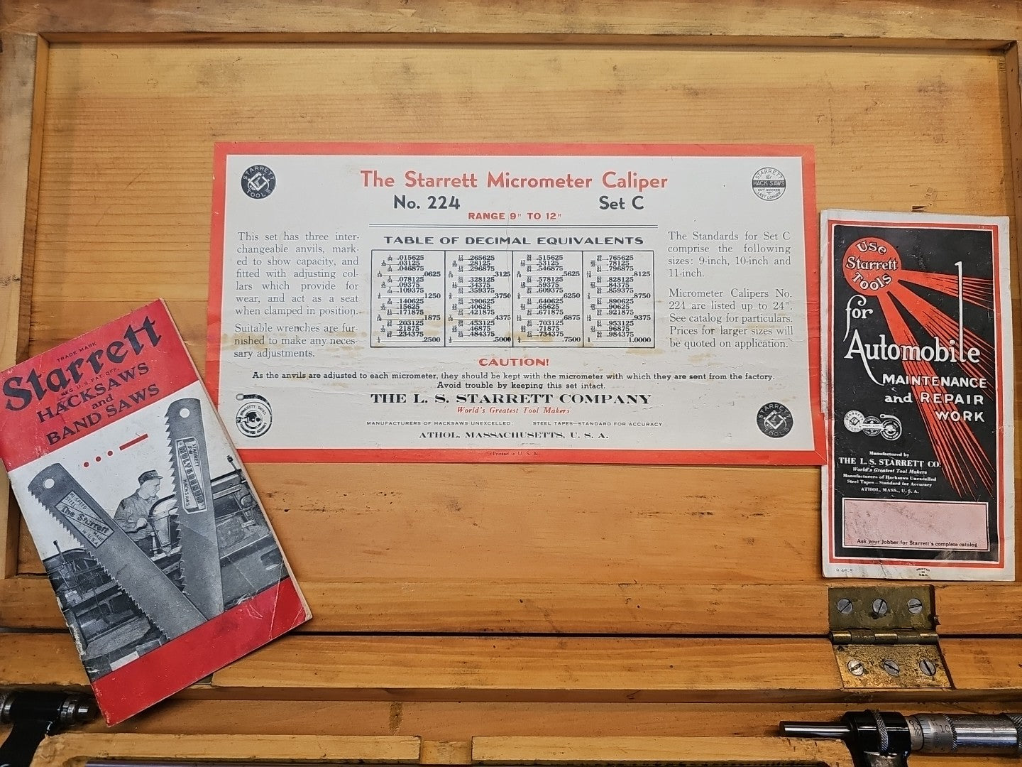 Starrett No. 224 Micrometer Set C 9" to 12" *MINTY* + Cool Vintage Papers!