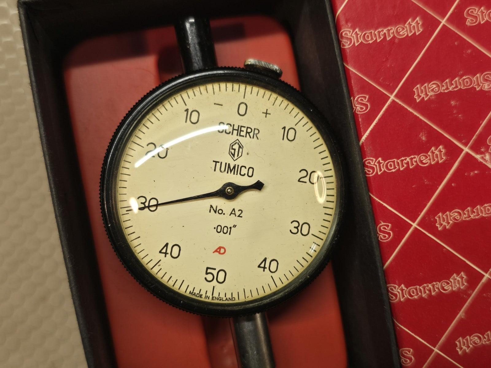 SCHERR TUMICO = DIAL INDICATOR Vintage *Nice* with Starrett Box No. A2