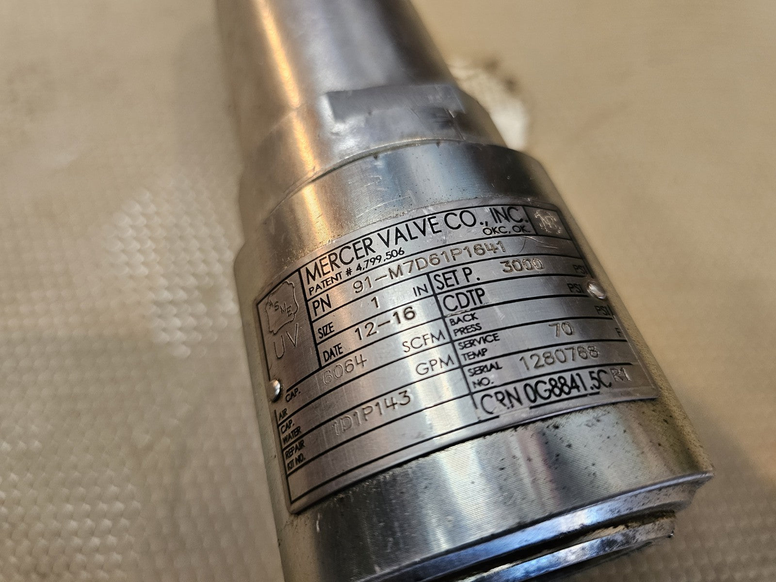 Mercer Valve Pressure Relief Valve 91-M7D61P1641 Set P. 3000 PSI 