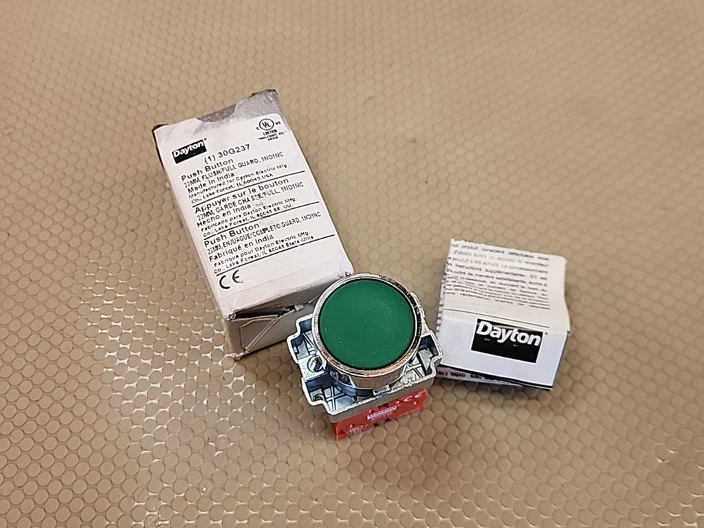 Dayton 30G237 Push Button Operator, 22 Mm, 1No/1Nc, Green