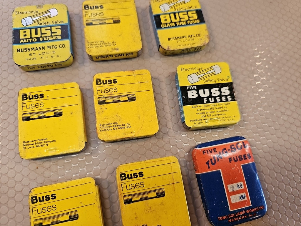 (9+) Vintage Buss Fuses SFE Metal Box Glass + Fuse puller some NOS! GM Chevy 