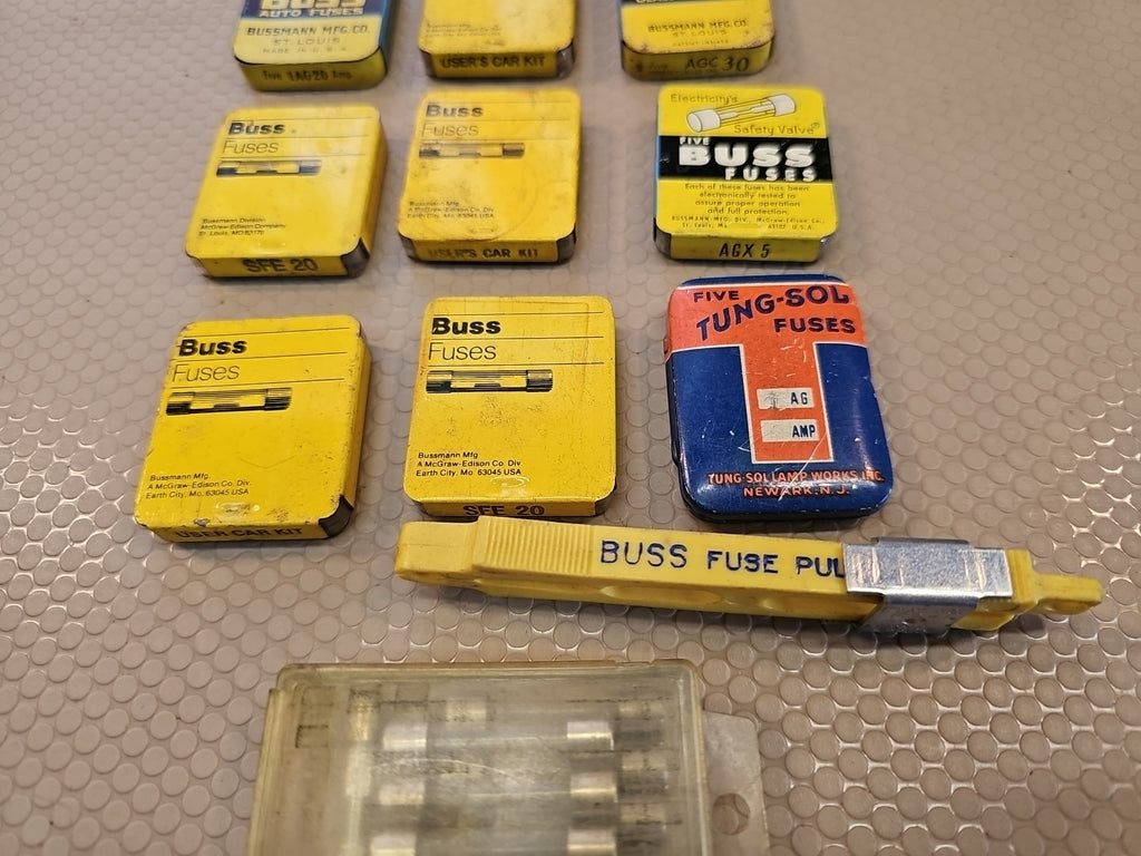 (9+) Vintage Buss Fuses SFE Metal Box Glass + Fuse puller some NOS! GM Chevy 